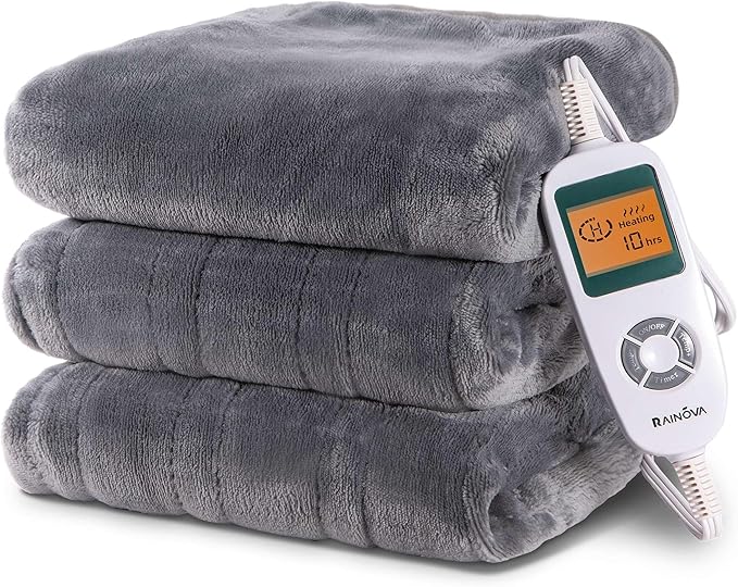 RAINOVA Heated Blanket Electric Throw, Electric Blanket-72''x84'', Soft Flannel Heating Blanket, 10-Level Heating, 10-Hour Auto-Off, Gifts for Parents and Elders, Gray, ETL & FCC Certified