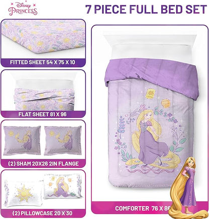Jay Franco Kids Comforter Set Includes Sheets and Pillow Covers - Soft and Cozy Bed Set for Stylish Room Decor, Purple - Disney Princess Rapunzel, 7 Piece Full Size Bedding