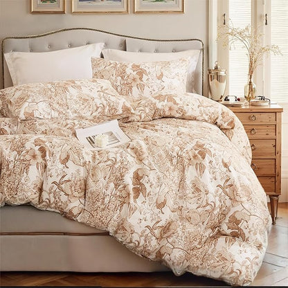 Khaki Floral Duvet Cover King Size 100% Cotton Vintage Botanical Duvet Cover Set 3 Pcs Soft Flower Bedding Set Breathable and Lightweight
