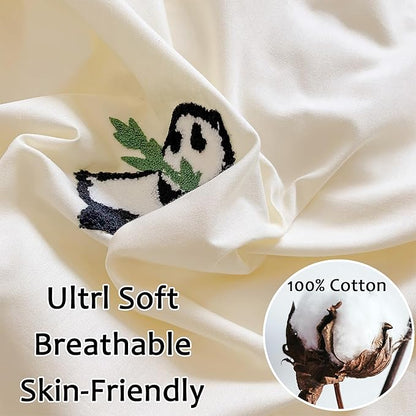 MorroMorn Queen Duvet Cover Cotton, 3D Embroidery Queen Bed Set Green, Chenille Embroidered Comforter Covers Blanket Soft Breathable Sweat-Absorbent for Girls Boys Kids Teen (Panda, Full/Queen)
