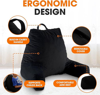 Cheer Collection Reading Pillow with Arms – Portable Bed Pillow for Sitting Up & Support, Hollow Fiber-Filled Back Rest Pillow for Sitting in Bed & Couch, Machine Washable, Black (Small)