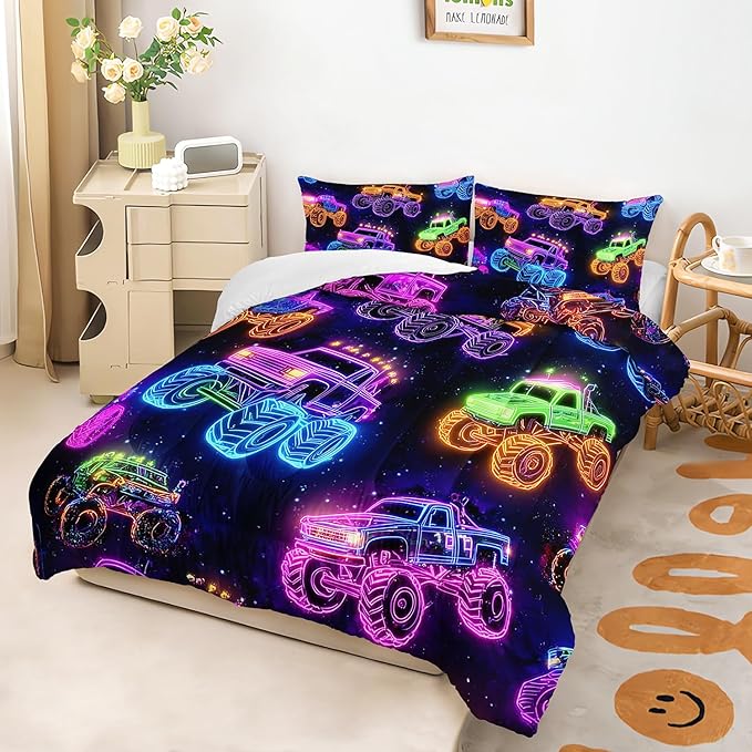 Colorful Neon Off-Road Racing Truck Comforter 3Pcs Queen Cool Speed Race Car Bedding Set for Kid Teen Girl Boy Adult Automobile Extreme Sport Game Quilt Bed Decor with 1 Comforter&2 Pillowcases