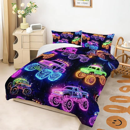 Colorful Neon Off-Road Racing Truck Comforter 3Pcs Queen Cool Speed Race Car Bedding Set for Kid Teen Girl Boy Adult Automobile Extreme Sport Game Quilt Bed Decor with 1 Comforter&2 Pillowcases