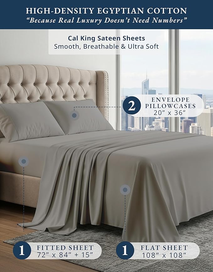 LANE LINEN 100% Egyptian Cotton California King Sheets Set, Soft & Comfy No Pill Fade Resistant Oeko-Tex Certified Cotton Sheets Cal King Size Set, 15" deep Pokcet Sheets - Charcoal
