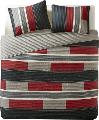 Comfort Spaces Quilt Set Trendy Casual Fun, Vibrant Color Design, Hypoallergenic All Season, Lightweight Coverlet Bedspread Cozy Kids Bedding & Sham Twin/Twin XL Pierre Black/Red Stripe 2 Piece