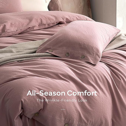 JELLYMONI 100% Washed Cotton Duvet Cover Twin – Soft, Breathable Linen-Look Bedding with Natural Wrinkle Texture, Button Closure, 3-Piece Set (Darker Rose, 68"x90")