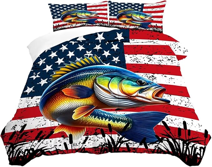 Fisherman Comforter Set King Size American Flag Bedding Set for Men Boys Teens Fishing Lover Bedroom Bass Fish Farmhouse Bed Set Wild Quilted, 1 Comforter 2 Pillowcases