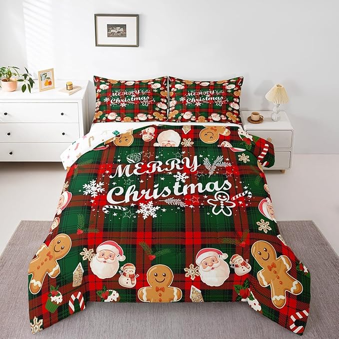 Christmas Comforter Set Queen,Cartoon Santa Claus Snowman Bedding Set for Adult,Red Green Grid Checkered Duvet Insert,Snowman Snowflake Bells Quilt Comforter with 2 Pillow Shams Bedroom Decor