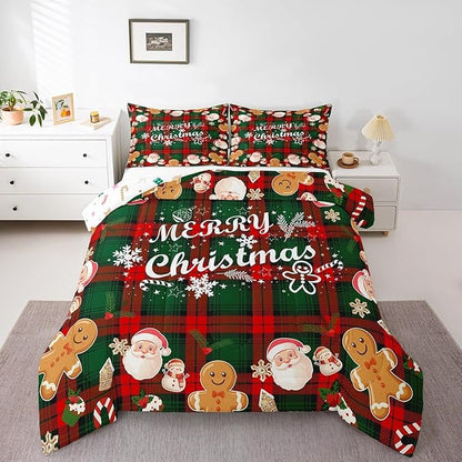 Christmas Comforter Set Queen,Cartoon Santa Claus Snowman Bedding Set for Adult,Red Green Grid Checkered Duvet Insert,Snowman Snowflake Bells Quilt Comforter with 2 Pillow Shams Bedroom Decor