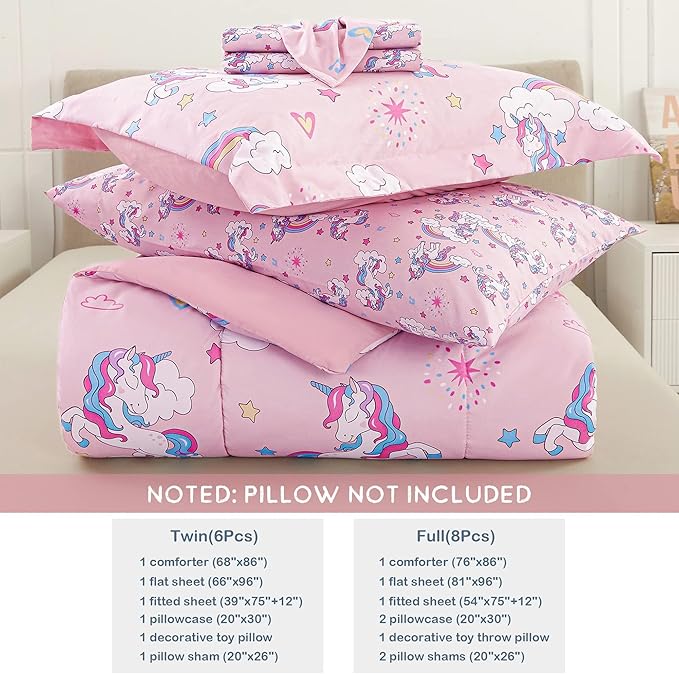 Mooreeke Kids Twin Comforter Sets for Girls 6 Pieces Pink Unicorn Bedding Set for Teens Soft Microfiber Kids Bed in A Bag with Comforter, Sheet Set, Shams and Decorative Toy Pillow All Season