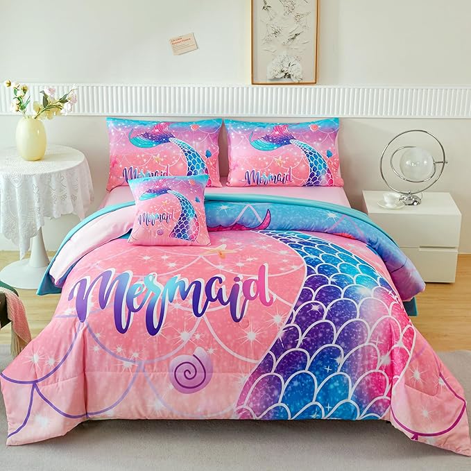 RYNGHIPY Mermaid Kids Girls Comforter Set Full Size Pink Blue Gradient Fish Tail Bed in a Bag - Includes Comforter & Sheet Set for Teens Girls Super Soft Kids Bedding
