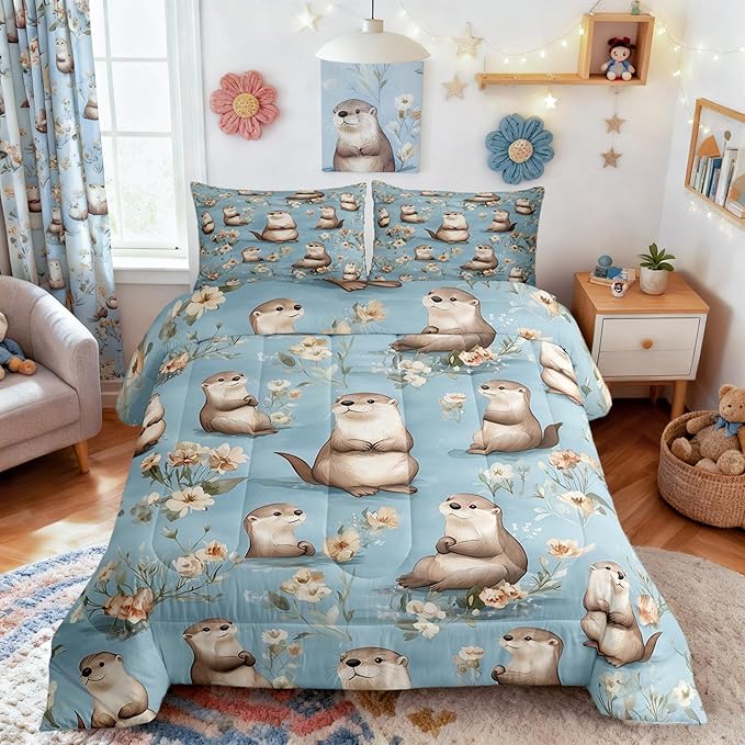 Cartoon Otter Comforter Set King Size 3 Pcs Cute Gray Wild Animal Decor Bedding Sets for Kids Boys Girls Teens Watercolor Retro Flowers Rustic Style Down Comforter with 2 Pillowcases