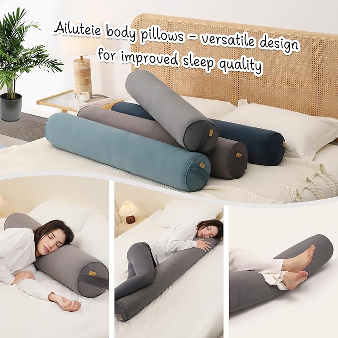 Long Pillow for Bed – Round Bolster Pillow for Adults, Body Pillow for Sleeping, Ergonomic Support,39 x 7.87 Inches,Steel Gray