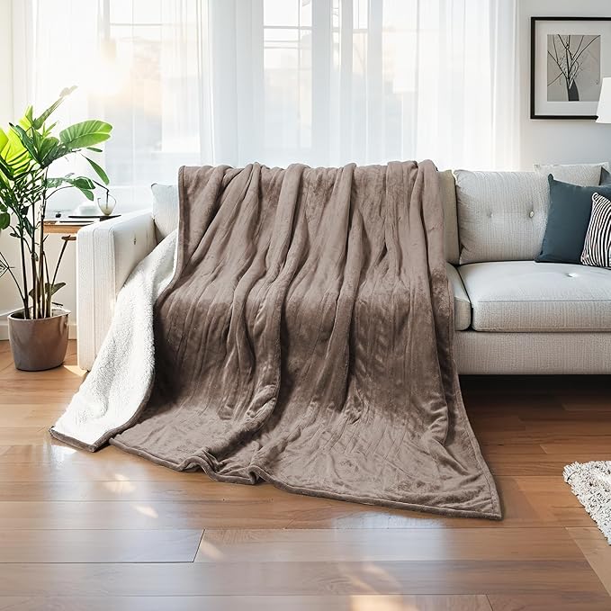 50"x60" Heated Electric Blanket Throw Thickened Flannel and Sherpa Heated Blanket,3 Hours Timer Auto-Off & 5 Heating Levels,for Bedroom Office Couch-Camel