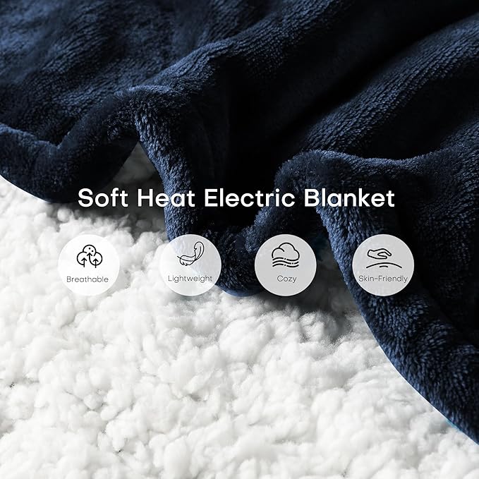 Heated Electric Blanket Throw Size 50"x60" Thickened Flannel and Sherpa Heated Blanket,3 Hours Timer Auto-Off & 5 Heating Levels,for Bedroom Office Couch-Navy Blue