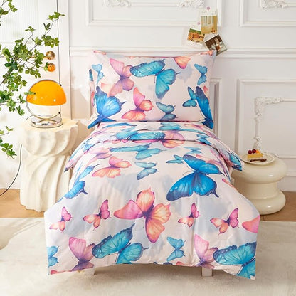 SDIII 4 Piece Butterfly Toddler Bedding Set, Soft Butterfly Toddler Bedding Sets for Girls with Comforter, Fitted Sheet, Flat Sheet and Pillowcase