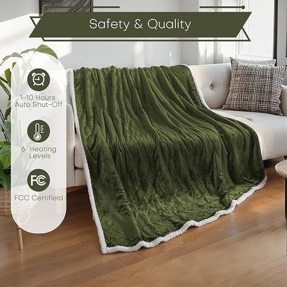 Electric Heated Blanket Full Size 72"x84" - Microplush & Sherpa Fabric Dual-Sided, 6 Heat Settings & 1-10 Hours Auto Off , Cozy Warming Throw for Home, Office, or Bed, Machine Washable, Olive Green