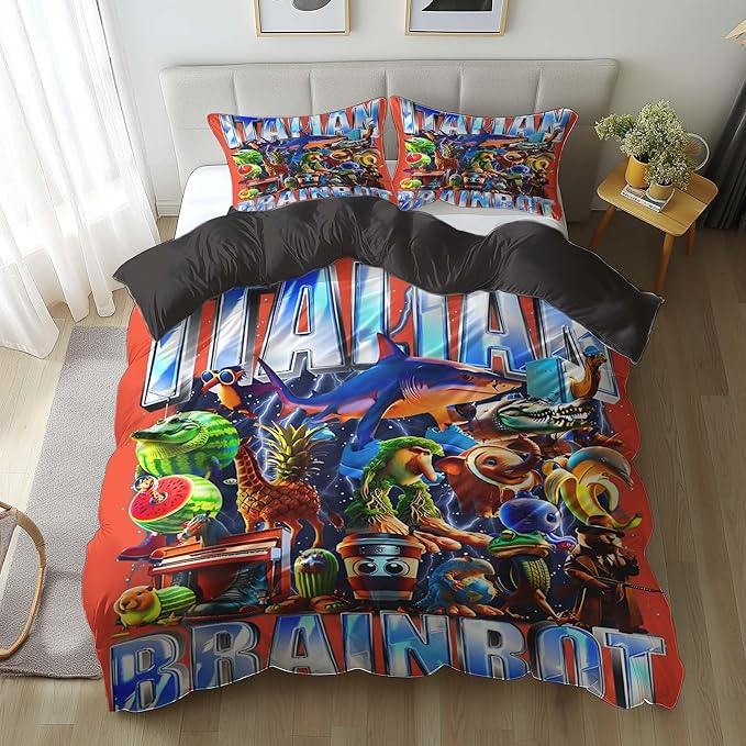 Italian Brainrot Bedding Duvet Cover Set,Funny Fusion AnimalsTwin Full Queen King Comforter Cover Bedding Set for Kids Boys Bed Decor Gifts ﻿ (Color 2,King (104" x 90"))