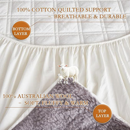 YOUR MOON Wool Fleece Mattress Pad Twin – Organic Australian Wool Plush Mattress Topper, 370GSM Velvet Breathable Bed Mattress Cover with 16" Deep Pocket, 39"x75", Gray