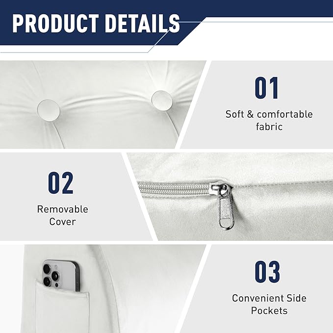Daneey Reading Pillows for Sitting in Bed Adult Back Pillow for Sitting Up, Back Support Pillow for Bed, Foam Wedge Pillow for Neck, Lumbar, Back, White, 20 * 9 * 22IN, Velvet