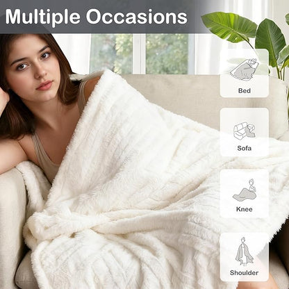 Electric Heated Blanket Throw Size 50" x 60", Super Cozy Warmth Soft with 4 Heating Levels & 10 Hours Auto Off, Plush Faux Fur, Machine Washable, Home Office Use, Striped White