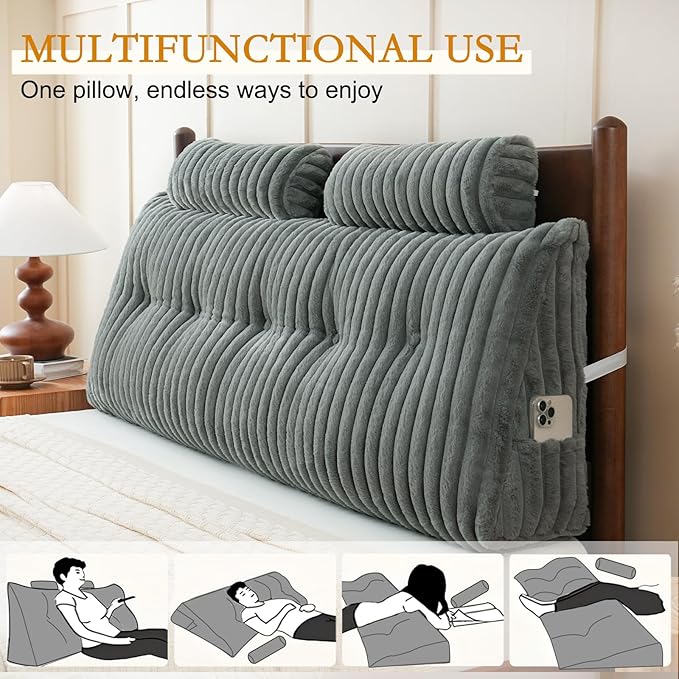 YOUR MOON Large Wedge Headboard Pillow Queen for Back with 2 Roll Pillows, Faux Fur Backrest Cushion with Shredded Memory Foam, Triangular Wedge Reading Pillow for Bed Sitting Up Sleeping, Gray