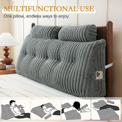 YOUR MOON Large Wedge Headboard Pillow Queen for Back with 2 Roll Pillows, Faux Fur Backrest Cushion with Shredded Memory Foam, Triangular Wedge Reading Pillow for Bed Sitting Up Sleeping, Gray