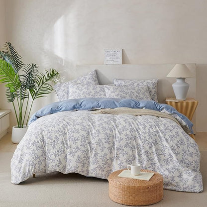 King Duvet Cover Set Floral Luxury Soft Brushed Microfiber Crinkle Gauze Fabric 3 Pieces Bedding Set Flower Pattern Duvet Cover King with Zipper Closure Breathable Comfy