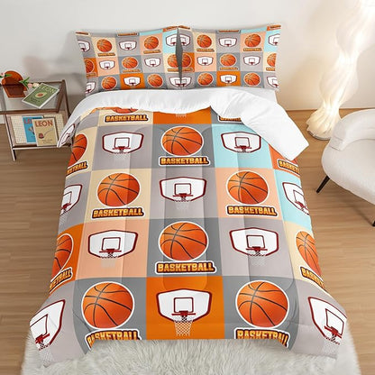Basketball Bedding Kids Comforter Set King Size,Sports Style Basketball Printing Bedding Set for Teens Boys Room Decor,Ball Sports Games Comforter Set Soft Kids Bedding with 2 Pillowcases.