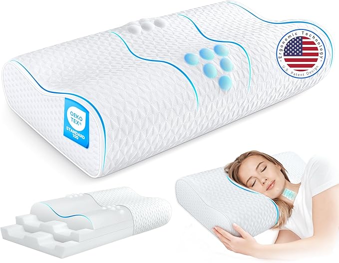 Cervical Neck Pillow for Pain Relief- Queen Size Cooling Pillow for Sleeping, Memory Foam Pillows for Neck Shoulder, Ergonomic Adjustable Contour Bed Pillow for Side, Stomach & Back Sleepers