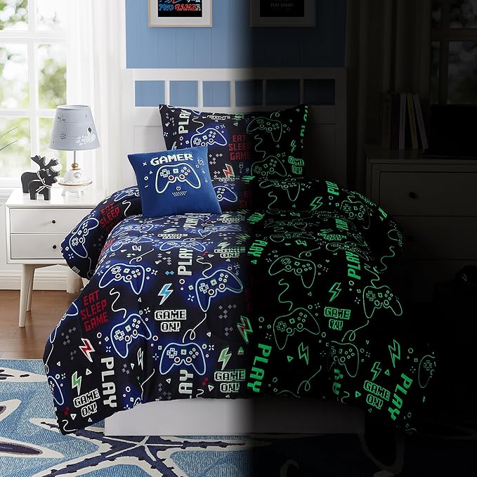 Kids Comforter Set Full Size for Boys, Glow in The Dark Gamer Bedding Set 1 Comforter, 1 Decor Pillow, 2 Pillow Shams