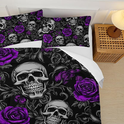 Sugar Skull Full Size Comforter Set Floral Bedding Set,Gothic Skull Bedding Set for Boys Girls,Skeleton Bone Rose Blossoms Print Halloween Quilt Set,Horror Comforter Set for Bedroom Decor