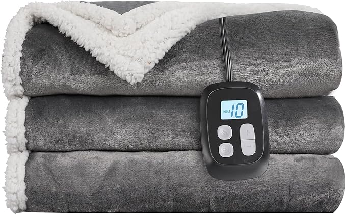 Electric Heated Blanket Twin Size - 62"x84", Soft Flannel Heating Blanket, 10 Heating Levels, 1-12 H Auto Shut Off, Breathable Warm and Washable for Bed, Light Grey