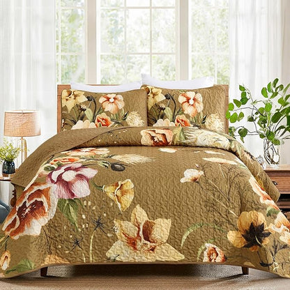 Drucon Brown Floral Quilt Set King Size 3 Pieces Brown Botanical Flower Quilt Coverlet Set Soft Microfiber Lightweight Quilted Bedspread for All Season 104"x90"