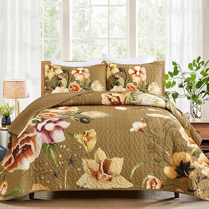 Drucon Brown Floral Quilt Set Queen Size 3 Pieces Brown Botanical Flower Quilt Coverlet Set Soft Microfiber Lightweight Quilted Bedspread for All Season 90"x96"