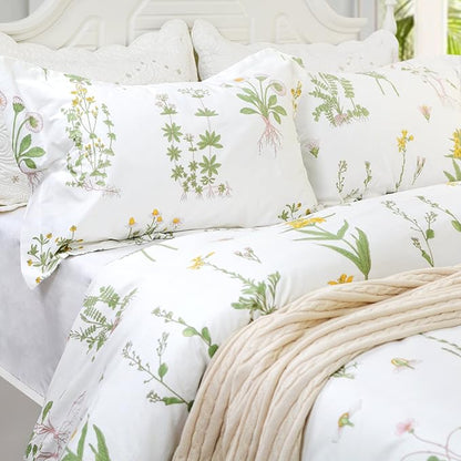 FADFAY Shabby Floral Duvet Cover Set White and Green Cotton Bedding Set with Hidden Zipper Closure 3 Pieces, 1duvet Cover & 2pillowcases (Queen Size, Simple Style)