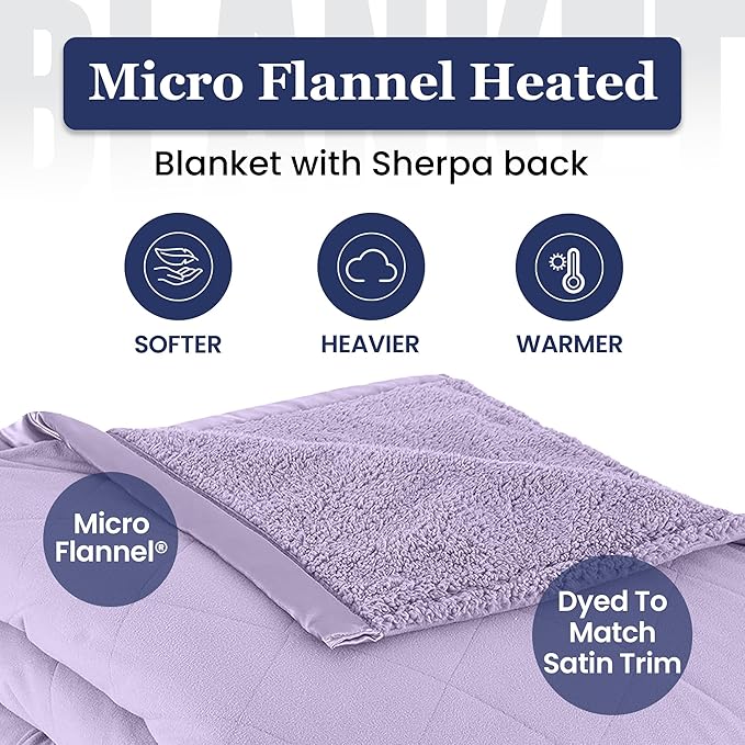 Thermee Micro Flannel Heated Blanket with Sherpa Back, 10-Setting Programmable Electric Blanket - Queen Size, Ultra-Soft Heated Throw - Lilac