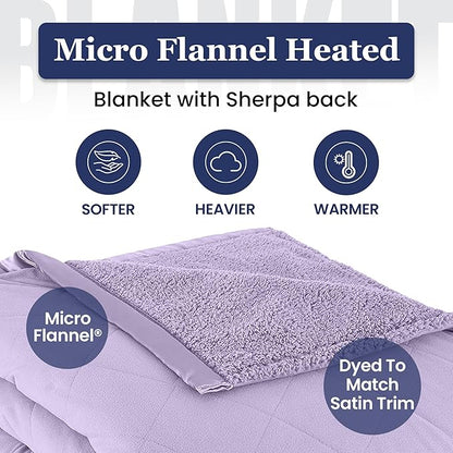 Thermee Micro Flannel Heated Blanket With Sherpa Back, Twin Size, 10-Setting Electric, Programmable, Ultra-Soft, Fast Heating Thermal Throw - Lilac
