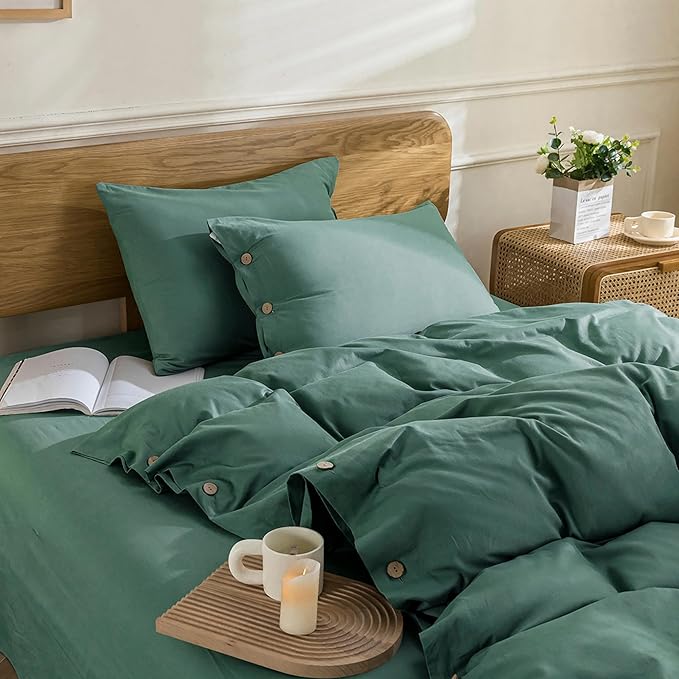 JELLYMONI Cotton Duvet Cover King Size - Dark Green Comforter Cover with Button 100% Washed Cotton 3PCS Breathable Soft Solid Bedding Set Duvet Cover 104×90in & 2 Pillowcases (NO Comforter)