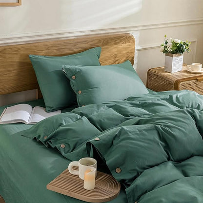 JELLYMONI Cotton Duvet Cover King Size - Dark Green Comforter Cover with Button 100% Washed Cotton 3PCS Breathable Soft Solid Bedding Set Duvet Cover 104×90in & 2 Pillowcases (NO Comforter)