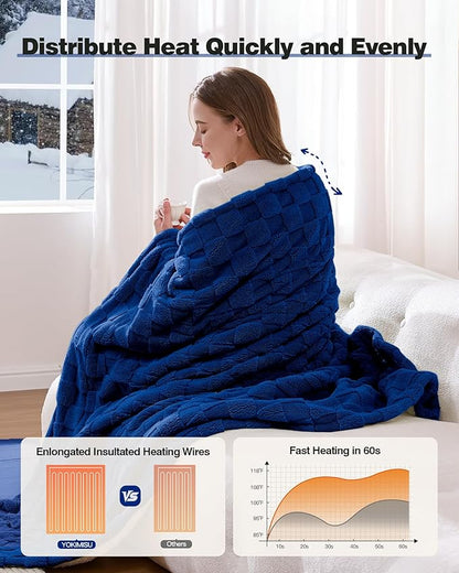 Heated Throw Blanket 50"x60" - 9-Level Fast Heating & 1-10H Timer, Fluffy Plush Blanket with Snap Buttons for Secure Fit, Warm Gift for Women/Men, for Couch, Bed & Office, Pageant Blue