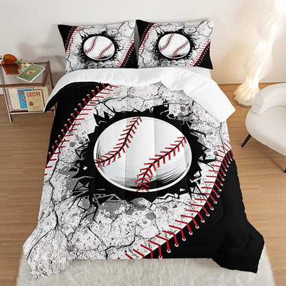 Baseball Comforter Sports Bedding Sets for Boys,Sports Gamer Bedding Set for Kids Girls Boys Room Decor,Black White Baseball Printed Twin Bed Comforter Set with 2 Pillowcases.