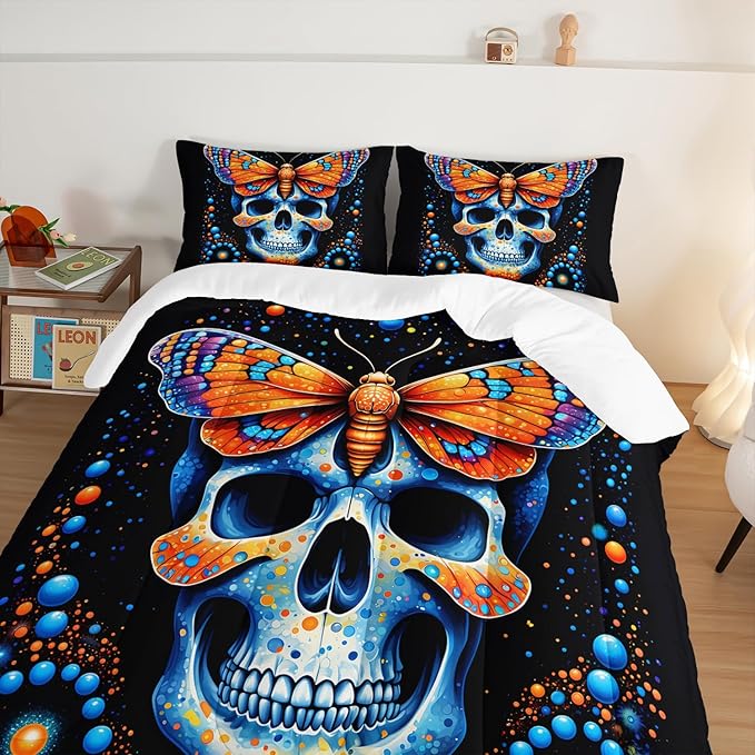 Gothic Skull Comforter Set, King Size, Blue Orange Granular Ball Butterfly Printed Bedding, Halloween Horror Themed, Gothic Bedding with 2 Pillowcases