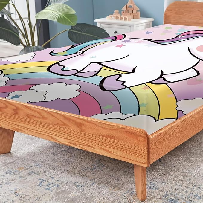 Unicorn Sheets Set Twin: Cartoon Pink Rainbow Unicorn Bedding for Kids Girls Teens Bedroom Bed - 1 Flat Sheet, 1 Fitted Sheet, 1 Pillowcase
