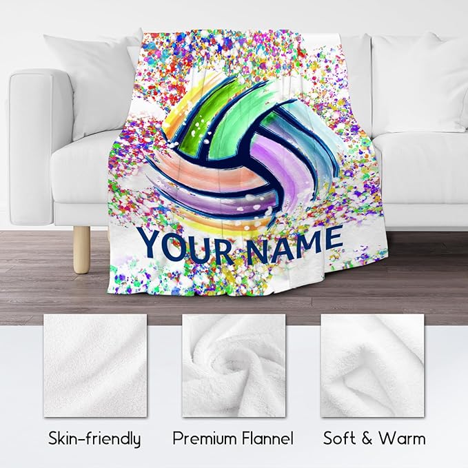 Personalized Volleyball Blanket Gifts with Name - 60"x80" Sports Throw Blanket for Adults, Kids - Colorful Soft Plush Throws for Bed, Couch & Living Room