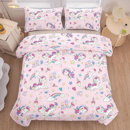 Peopleareok Girls Unicorn Comforter Set Full(79x90 Inch), 3 Piece Cute Pink Purple Unicorn Print Comforter with 2 Pillowcases, Kids Cartoon Kawaii Comforter for Girls Bedroom Decor All Season