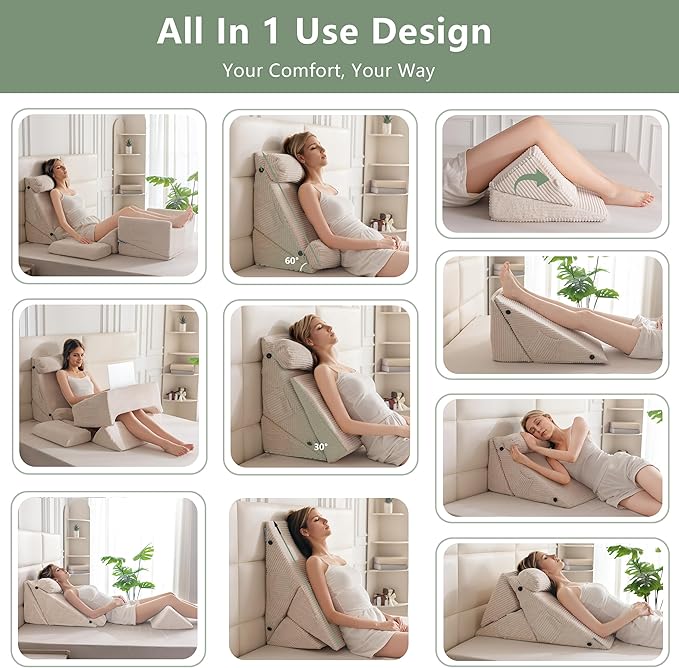 HIGOGOGO 10PCS Orthopedic Bed Wedge Pillow Set – Adjustable Soft Foam Body Positioners for After Surgery Recovery, Back & Leg Pain Relief, Sitting Up in Bed, Acid Reflux & GERD, Beige