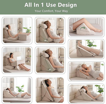 HIGOGOGO 10PCS Orthopedic Bed Wedge Pillow Set – Adjustable Soft Foam Body Positioners for After Surgery Recovery, Back & Leg Pain Relief, Sitting Up in Bed, Acid Reflux & GERD, Beige