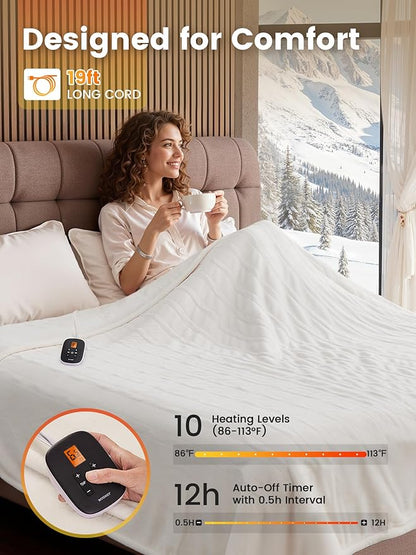 WOOMER Heated Blanket Twin Size 62" x 84", Electric Blanket with 0.5-12 Hours Timer & 10 Heating Levels, ETL Certified, White Double-Sided Velvet, Over-Heat Protect, Machine Washable
