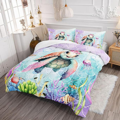 Cartoon Sea Turtle Comforter Set Mermaid Scale Turtle Printed Bedding Set with 1 Comforter and 2 Pillowcases for Boys and Girls Bedroom All Season(Turtle Twin)